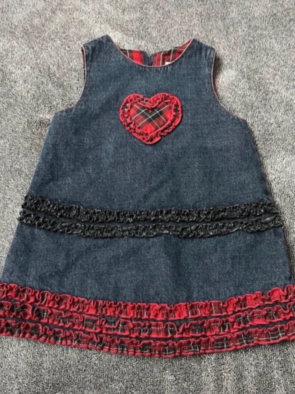 The Children's Place Denim Look Navy Dress with Red Plaid Trim